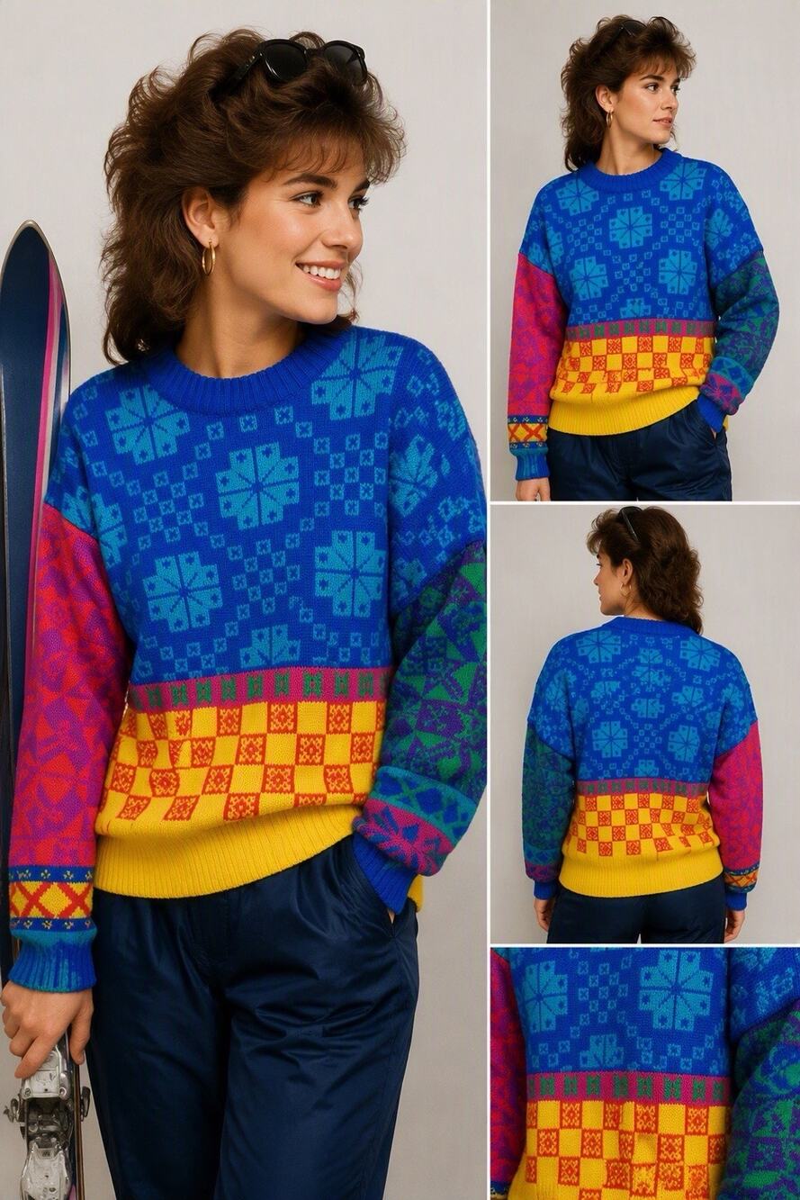 Vintage Obermeyer Tracy Ladies Wool Sweater Neon Geometric Nordic Snowflakes M